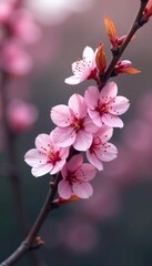 Obraz premium A delicate sprig of pink flowers blooms on a single branch, branch, dainty, bloom