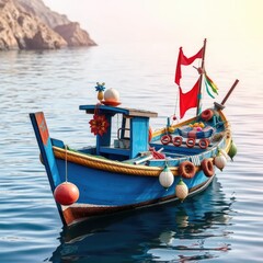Obraz premium A small fishing boat with colorful decorations, fishboat, decorations, boats