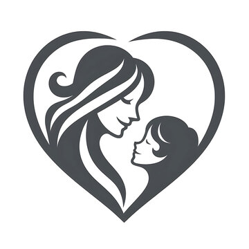 Logo Symbol in Herzform Herz Mutter Frau schaut zu ihrem Kind liebevoll l&auml;chelnd einfarbig isoliert als Vorlage Familie Kinder Liebe Zuneigung Eltern sein und Freude Erziehung Mama Bindung vertrauen