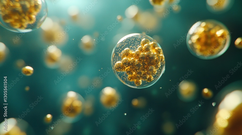 Poster golden spheres float against a teal blue background with focus on the clusters
