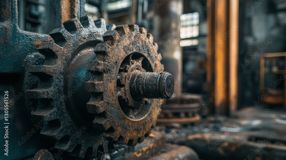 Poster a close up view of rusty and worn industrial gears