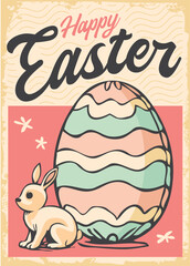 Easter greeting card design with bunny and Easter egg. Vintage poster template. Vector illustration.