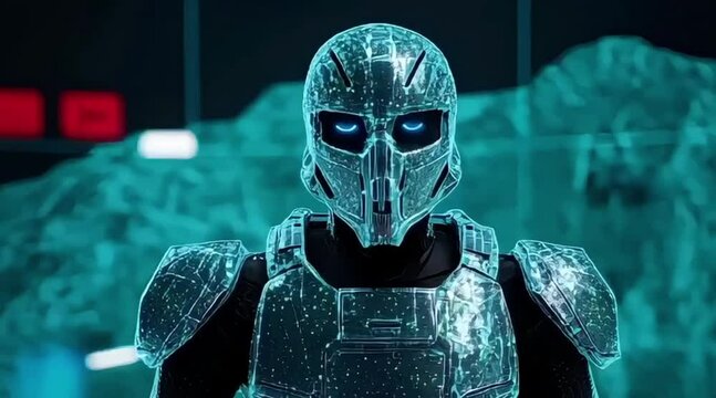 A glowing humanoid figure in high tech armor stands or moves slowly in a dim, high tech setting with rocky structures and red digital displays.