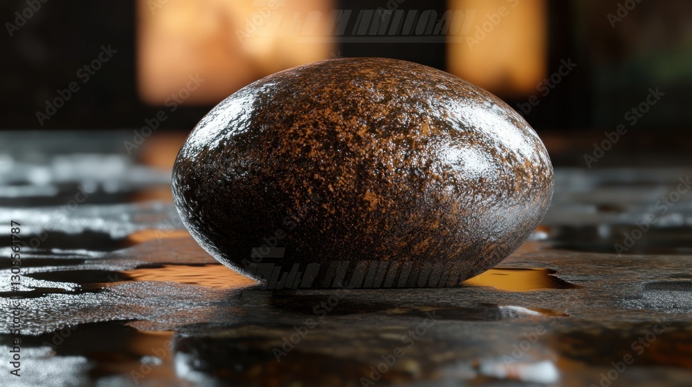 Poster a round smooth stone sitting on a wet textured surface