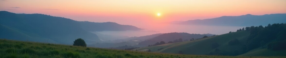 Obraz premium Misty dawn landscape with rolling hills and foggy valleys, morning, serene