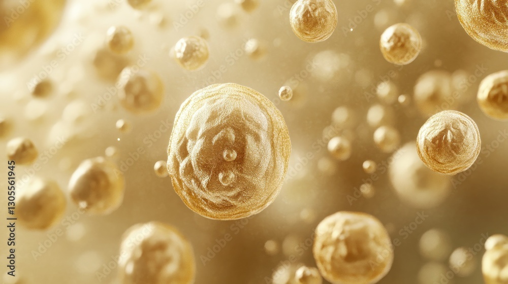 Poster abstract artwork depicting gold floating spheres in a soft focus