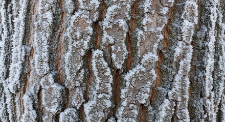 Obraz premium Close-up of Tree Bark Covered with Frost Crystals During Winter Season