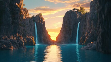 Two waterfalls cascade into a serene lake between tall cliffs