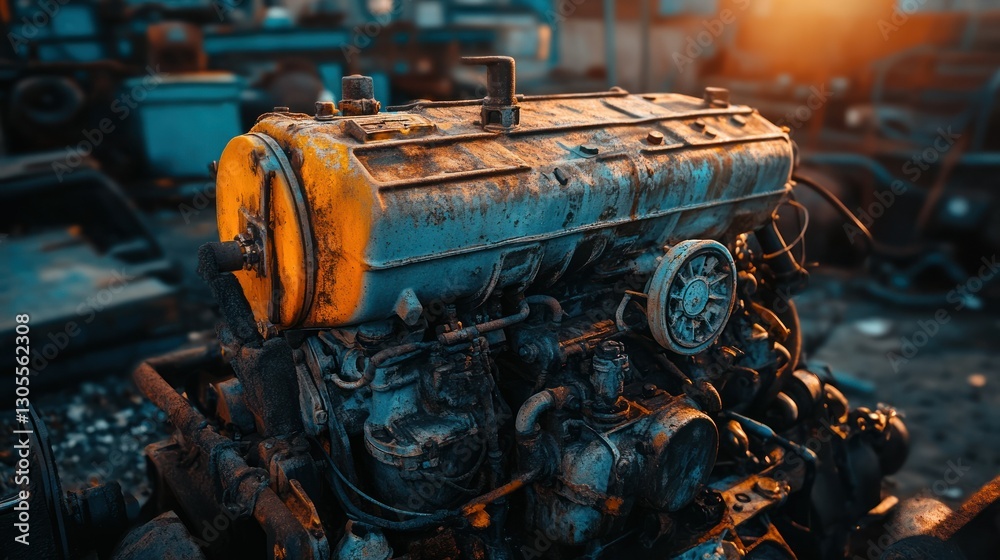 Poster old rusty engine resting in an industrial setting with metal parts