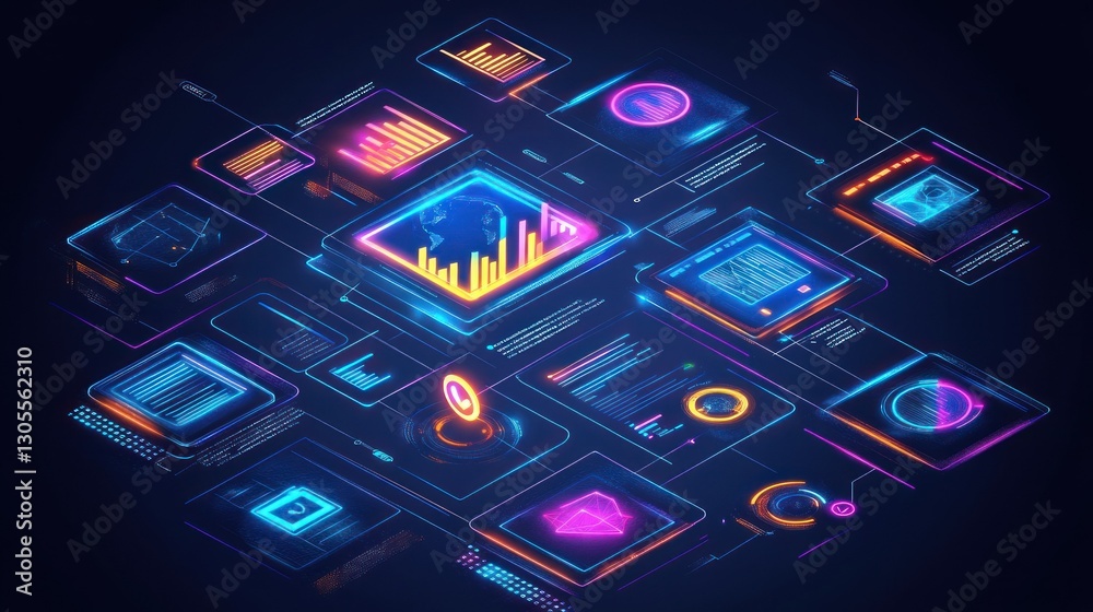 Poster the digital data analysis interface features bright glowing neon outlines