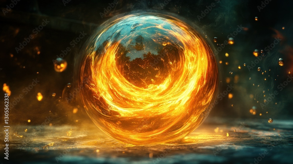 Poster A fiery energy sphere floating within a dark textured background