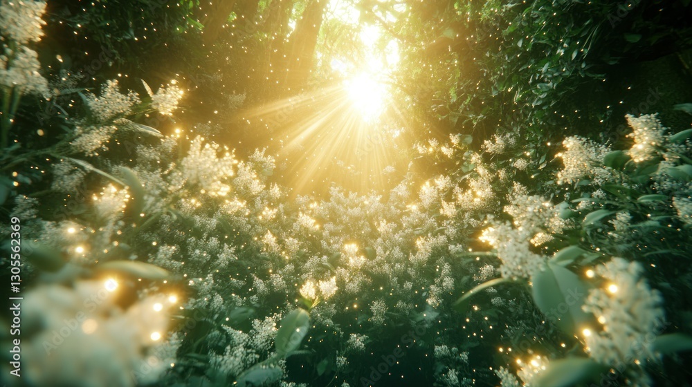 Aufkleber lush green forest scene showing sunlight filtering through greenery