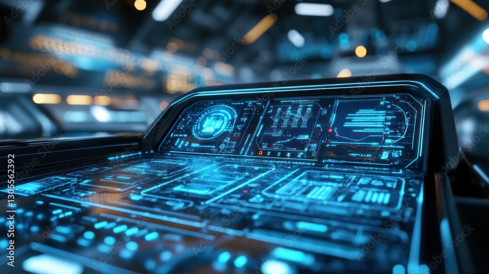 Poster modern blue digital dashboard and control panel in space ship