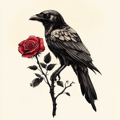 Fototapeta premium A detailed illustration showing a raven perched with a red rose