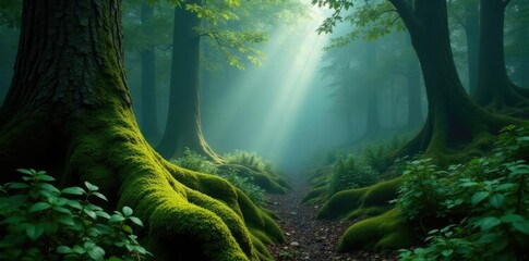 Obraz premium Misty forest environment with moss and lichen, arboreal features, greenery