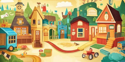 Colorful cartoon illustration of a charming imaginary town scene