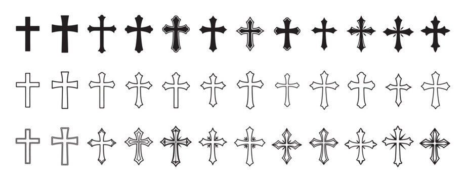 A Set of Religious Christian Cross Symbol Icons in Various Styles