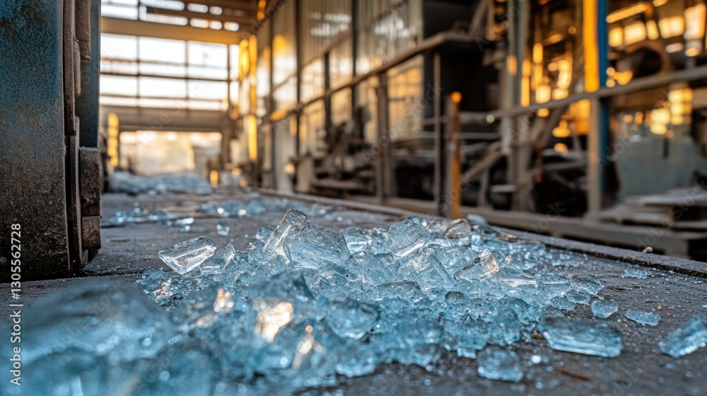 Poster broken glass shards are scattered across the concrete floor of the factory