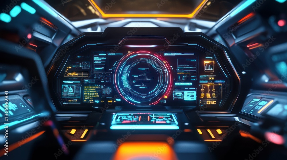 Poster a futuristic spaceship cockpit displaying numerous information details