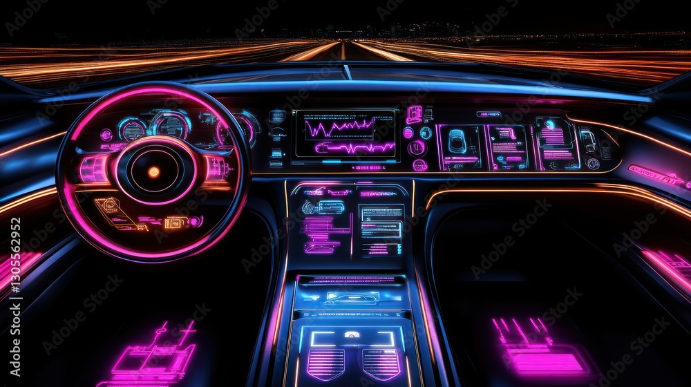 Aufkleber futuristic automobile interior displaying colorful neon illuminated dashboard elements