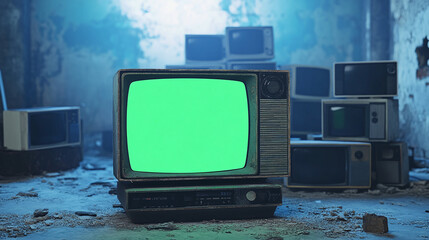 artistic 3d rendered green screen monitor with group of old classic televisions monitors in old ruined room dynamic composition cinematic blue lighting video element chroma key graphic element