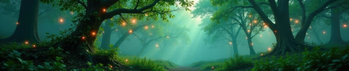 Fototapeta premium Misty forest with mistletoe vines hanging from branches, leaves, misty, forest
