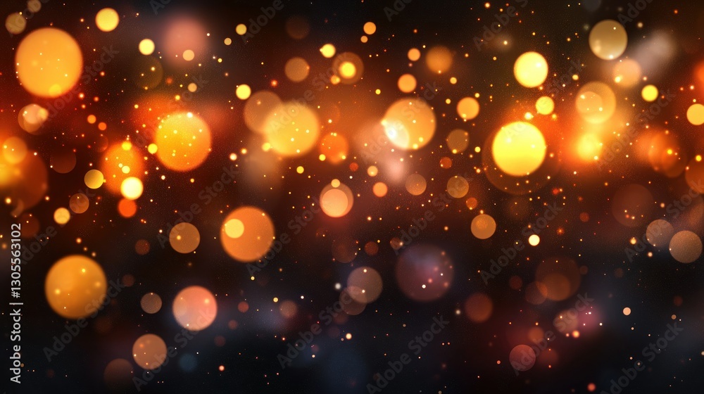 Poster Glowing golden bokeh lights sparkle against a dark blurry background