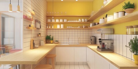 A clean modern kitchen with bright yellow and white color scheme