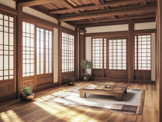 Beautiful minimalist interior room design featuring wooden elements and natural light