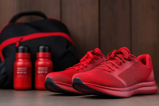 Stylish red athletic shoes with matching backpack and water bottles for active lifestyle