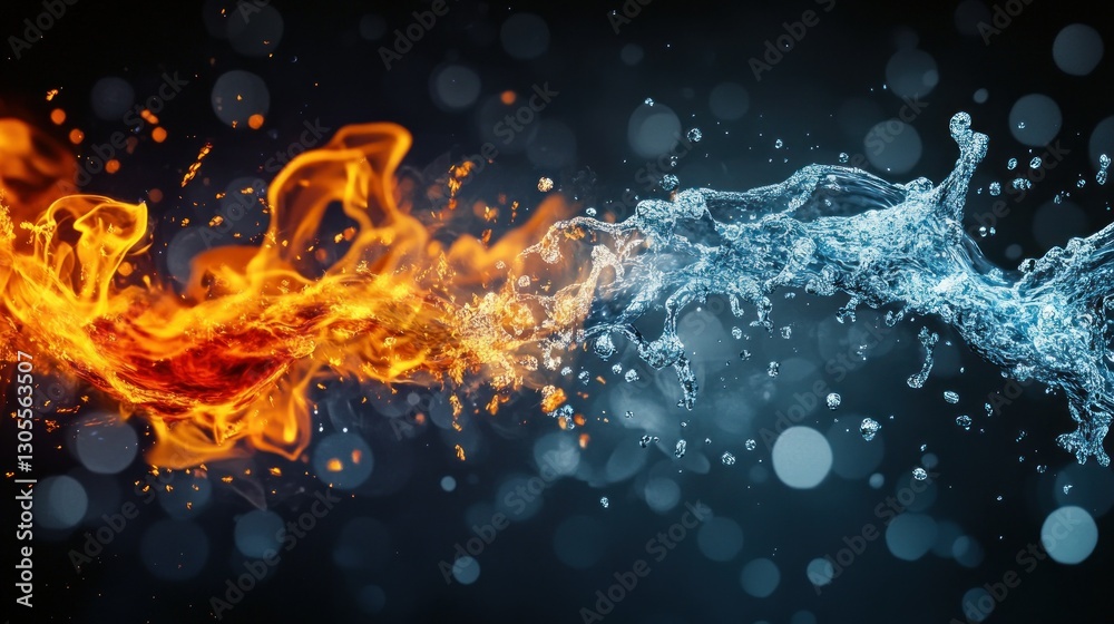 Poster Fiery Flames Intermingle With Splashing Water Creating a Powerful Contrast