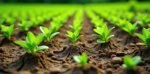 Rows of parched green seedlings withered away in cracked dry soil, withered plants, plant life, garden