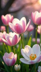 Fototapeta premium Soft pink petals surround delicate white blooms in a lush garden scene, white, spring