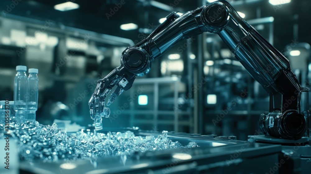 Poster A robotic arm reaching for items in a factory setting