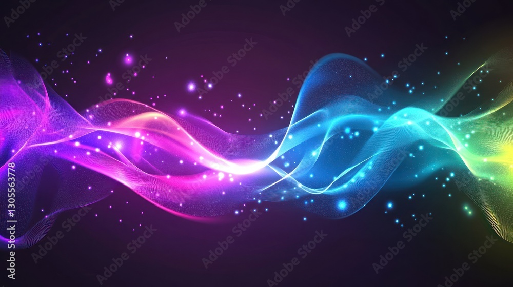 Poster colorful wavy lines with glowing sparkles on a dark background