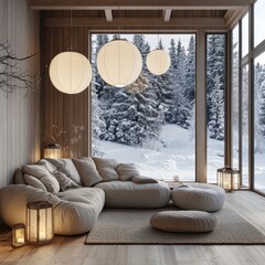 A cozy living room with a snowy winter forest view