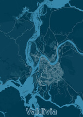 The image showcases a detailed map of Valdivia, Chile, rendered in a minimalist style. The map is dominated by a deep blue background, with the city's streets and waterways.