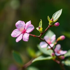 Obraz premium A single pink flower adorns the tip of a slender twig, blossoms, leafy greens
