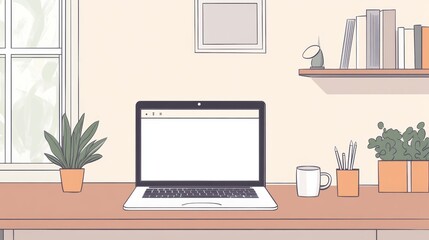 Home office workspace with a laptop and a cup of coffee on a desk.