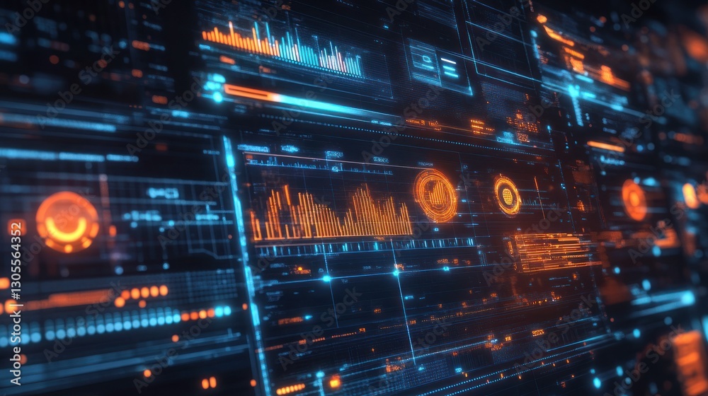 Poster Futuristic digital information displays showing data visualization and analysis