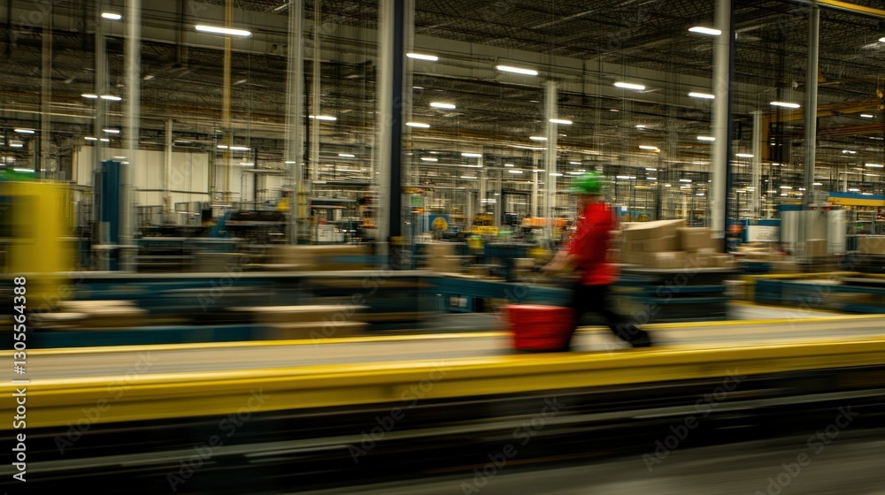 Aufkleber an employee is walking with a red bucket in a factory