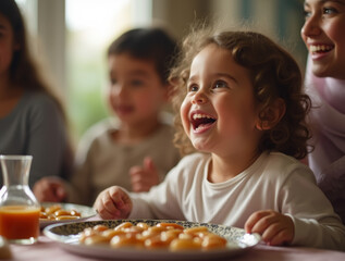 Excited Child Enjoying Iftar with Family &ndash; Joyful Ramadan Gathering with Traditional Sweets