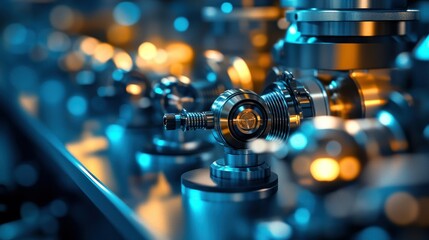 Industrial machinery components aligned in rows with blue and orange colors