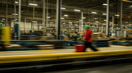 An Employee is Walking With a Red Bucket in a Factory