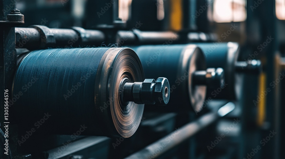Poster Several rotating cylinders rolling something dark blue in a factory setting