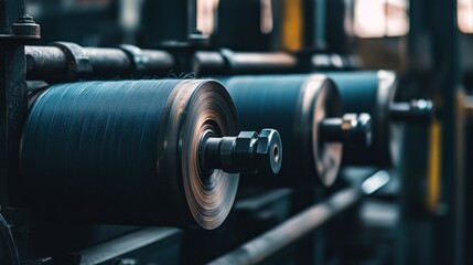 Several rotating cylinders rolling something dark blue in a factory setting