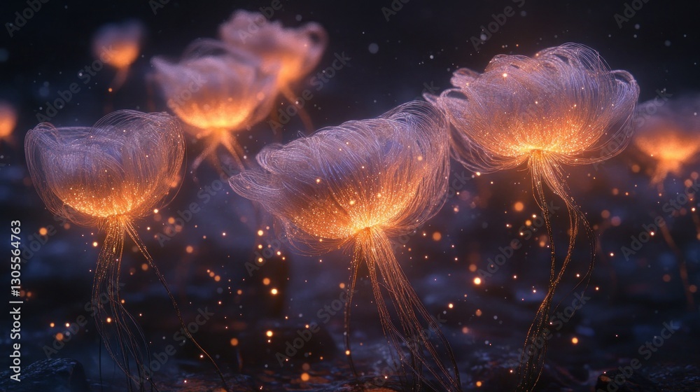 Poster glowing flowers with tendrils float against a dark background