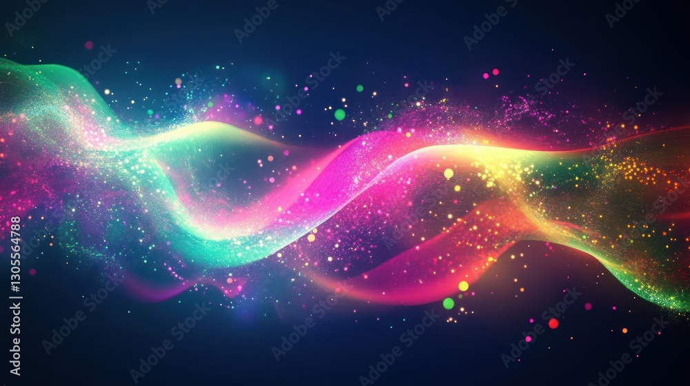 Poster colorful flowing waves with sparkling particles creating artistic aesthetic appeal