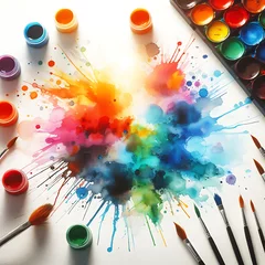 Bunte Wasserfarben Aquarell auf weißem Papier wie Wolken und Explosion umgeben von Pinseln Farbkasten und Tuben im hellen Licht kreatives Chaos künstlerische Schule lernen ausprobieren Kunst Kurs Stil © www.barfuss-junge.de
