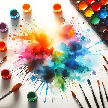 Bunte Wasserfarben Aquarell auf wei&szlig;em Papier wie Wolken und Explosion umgeben von Pinseln Farbkasten und Tuben im hellen Licht kreatives Chaos k&uuml;nstlerische Schule lernen ausprobieren Kunst Kurs Stil